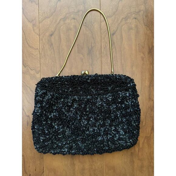 Unbranded Handbags - Vintage Black Beaded Purse Bag Made In Hong Kong New Years Eve Black Tie Holiday